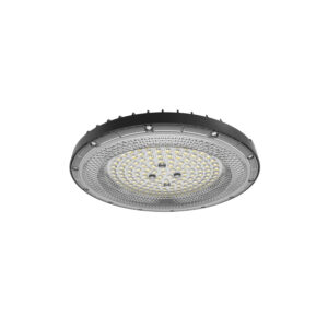 Cloche LED industrielle ronde gris métal avec diffuseur microprismatique pour suspension