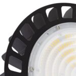 Cloche LED industrielle ronde, dissipateur noir, diffuseur circulaire transparent avec anneaux de puces LED visibles
