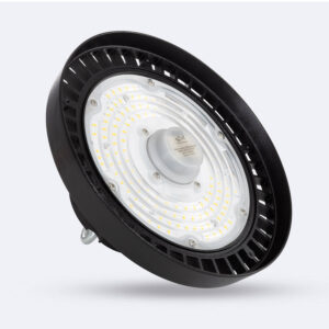 Cloche LED industrielle ronde noire, plateau LED apparent et dissipateur, montage suspension