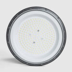 Cloche LED industrielle ronde, corps gris foncé, disque LED blanc à multiples puces pour éclairage professionnel