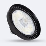 Cloche LED industrielle ronde noire, dissipateur aluminium, plaque LED circulaire visible