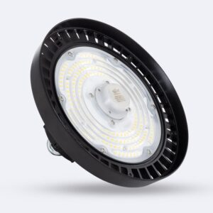 Cloche LED industrielle ronde noire, dissipateur aluminium, plaque LED circulaire visible