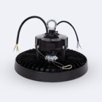 Cloche LED UFO noire ronde avec dissipateur, crochet de suspension et câbles d'alimentation apparents