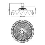 Cloche LED industrielle UFO suspendue, forme ronde à anneau de fixation et dissipateurs thermiques visibles