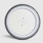 Cloche LED industrielle ronde, plaque à LED blanches, bord métallique gris, pour éclairage haute baie