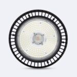 Luminaire industriel UFO LED rond noir, matrice LED circulaire visible et dissipateur thermique à ailettes