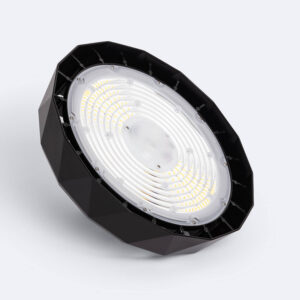 Cloche LED industrielle noir, boîtier facetté, lentille circulaire à LED