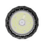 Luminaire industriel LED rond noir, dissipateur à ailettes, module LED circulaire jaune