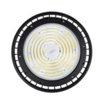 Cloche LED industrielle ronde, boîtier noir métallique, lentille circulaire avec anneaux de LED