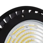 Cloche LED ronde noire avec puces LED en anneaux concentriques pour éclairage industriel haute baie