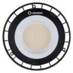 Cloche industrielle UFO LED ronde noire à diffuseur blanc concentrique, cadre ventilé et œillet de suspension