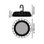 Cloche industrielle UFO LED ronde avec crochet suspension, diamètre 180 mm, hauteur 120 mm