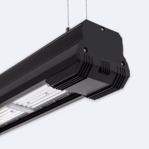 Cloche linéaire LED industrielle noire en aluminium, suspension câble, modules LED visibles
