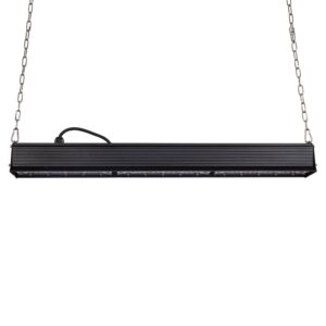 Cloche linéaire LED suspendue noire, profilé aluminium rectangulaire, fixation par chaînes
