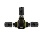 Connecteur câble étanche 3 contacts en plastique noir, joint jaune, forme en T avec presse-étoupes