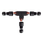 Connecteur en T étanche 3 contacts noir avec câbles multicolores et écrous de serrage