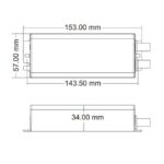Contrôleur LED rectangulaire, boîtier compact avec connecteurs, dimensions 153×57×34 mm