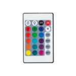 Télécommande LED blanche à boutons colorés, commandes ON/OFF et modes flash, strobe, fade, smooth