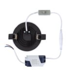 Spot LED encastrable rond noir avec dissipateur, câbles et bloc d'alimentation