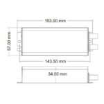 Décodeur DMX512 4 canaux boîtier rectangulaire, vues technique avec côtes 153×57×34 mm