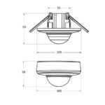 Détecteur de mouvement PIR 360° encastrable/saillie à dôme avec pattes de fixation et schéma de dimensions