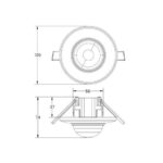 Détecteur de mouvement PIR 360º, dessin technique circulaire avec lentille hémisphérique et clips de fixation