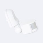 Détecteur de mouvement PIR blanc orientable 180°, boîtier plastique, lentille frontale et fixation murale articulée