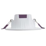 Downlight encastrable rond blanc, finition plastique, clips de fixation violet pour encastrement plafond