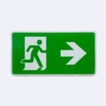 Panneau de sortie de secours vert rectangulaire avec pictogramme blanc et flèche droite