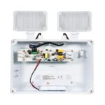 Projecteur de sécurité LED double carré blanc, boîtier ouvert montrant carte électronique