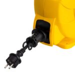 Enrouleur automatique jaune avec câble noir et prise électrique, boîtier plastique