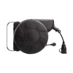 Enrouleur électrique mural noir circulaire avec câble, prise étanche et support