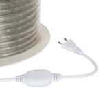 Gaine LED ronde en bobine avec gaine transparente, câble blanc, prise 2 broches et interrupteur en ligne