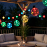 Guirlande guinguette extérieure globes LED multicolores transparents, suspendue sur câble pour terrasse