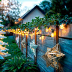 Guirlande extérieure noire avec ampoules filament LED et étoiles décoratives fixée sur clôture en bois