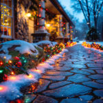 Guirlande LED extérieure multicolore installée le long d'une allée enneigée