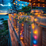 Guirlande LED extérieure multicolore fixée sur une rambarde en bois, câble apparent
