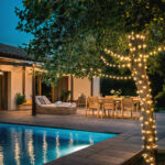 Guirlande LED extérieure blanc chaud enroulée autour d'un arbre et suspendue au-dessus d'une terrasse avec piscine