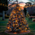 Guirlande LED multicolore enroulée autour d'un sapin extérieur illuminé au crépuscule