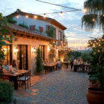 Guirlande LED extérieure câble noir à ampoules globe blanc chaud, suspendue au‑dessus d'une terrasse