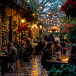 Guirlande LED extérieure noire à ampoules rondes blanc chaud suspendue au-dessus d'une terrasse