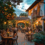 Guirlande LED extérieure à câble noir et ampoules blanc chaud suspendue au-dessus d'un patio