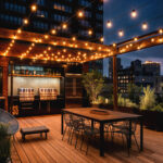 Guirlande lumineuse extérieure suspendue, câble noir et ampoules à lumière chaude pour terrasse