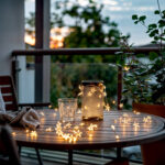 Guirlande lumineuse LED en étoiles, lumière chaude autour d'un bocal décoratif sur table extérieure