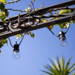 Guirlande LED extérieure ampoules verre clair douilles noires câble suspendu sur pergola