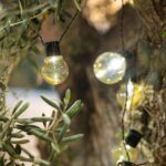 Guirlande d'ampoules LED solaire, ampoules globe transparentes suspendues, câble noir, lumière blanc chaud