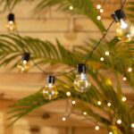 Guirlande d'ampoules LED rondes transparentes, culots noirs sur câble noir, lumière chaude, installation extérieure