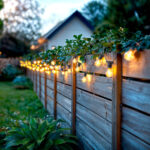 Guirlande lumineuse extérieure noire avec ampoules filament blanc chaud, suspendue sur une clôture en bois
