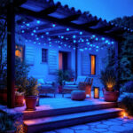 Guirlande LED bleue avec câble noir suspendue sous pergola sur terrasse extérieure