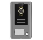 Visiophone mural gris métal avec caméra centrale, anneau LED, bouton poussoir et grille haut-parleur